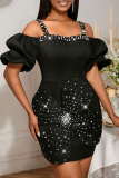 Black Sexy Solid Color Backless Hot Drill Spaghetti Strap Wrapped Skirt Dresses