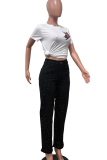 Blue Casual Solid Color Hot Drill Loose Mid Waist Conventional Patchwork Bottoms