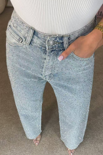 Blue Casual Solid Color Hot Drill Loose Mid Waist Conventional Patchwork Bottoms