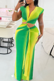 Green Yellow Sexy Gradient Hollow Out V Neck Long Dresses