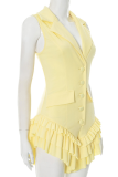 Yellow Sexy Solid Color Flounce Turndown Collar Skinny Rompers