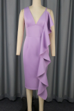 Purple Elegant Solid Color Flounce Spaghetti Strap Long Dresses