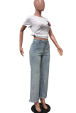 Blue Casual Solid Color Hot Drill Loose Mid Waist Conventional Patchwork Bottoms