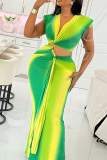 Green Yellow Sexy Gradient Hollow Out V Neck Long Dresses