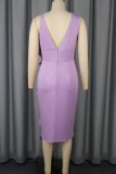 Purple Elegant Solid Color Flounce Spaghetti Strap Long Dresses