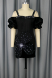 Black Sexy Solid Color Backless Hot Drill Spaghetti Strap Wrapped Skirt Dresses