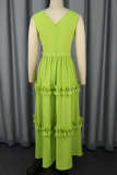 Green Elegant Solid Color Hollow Out V Neck Long Dresses