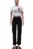 Blue Casual Solid Color Hot Drill Loose Mid Waist Conventional Patchwork Bottoms