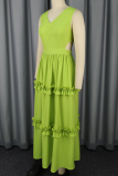 Green Elegant Solid Color Hollow Out V Neck Long Dresses