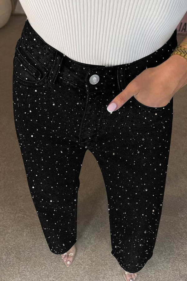 Black Casual Solid Color Hot Drill Loose Mid Waist Conventional Patchwork Bottoms