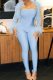 Blue Casual Solid Color Fringed Trim Strapless Long Sleeve Two Pieces