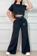 Black Casual Letters Embroidery O Neck Short Sleeve Two Pieces