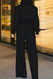 Black Casual Solid Color Draw String Pocket Hooded Long Sleeve Two Pieces