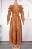 Brown Elegant Solid Color Lace With Belt V Neck Long Plus Size Dresses