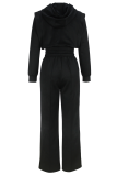 Black Casual Solid Color Draw String Pocket Hooded Long Sleeve Two Pieces