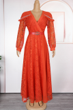 Brown Elegant Solid Color Lace With Belt V Neck Long Plus Size Dresses