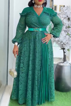 Green Elegant Solid Color Lace With Belt V Neck Long Plus Size Dresses