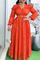 Tangerine Red Elegant Solid Color Lace With Belt V Neck Long Plus Size Dresses