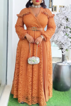 Brown Elegant Solid Color Lace With Belt V Neck Long Plus Size Dresses