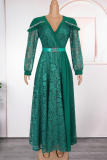 Brown Elegant Solid Color Lace With Belt V Neck Long Plus Size Dresses