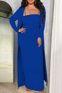 Colorful Blue Elegant Solid Color Patchwork Cardigan Collar Long Sleeve Two Pieces
