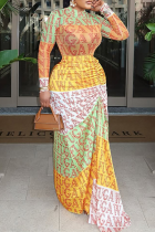 Yellow Elegant Print Ruched O Neck Long Dresses