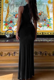 Blue Elegant Solid Color Patchwork Half A Turtleneck Long Dresses