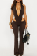 Brown Sexy Solid Color Hollow Out Backless Deep V Neck Sleeveless Two Pieces