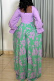 Green Casual Print Strap Design Square Neck Long Sleeve Two Pieces