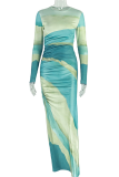 Turquoise Elegant Gradient Ruched O Neck Long Dresses