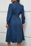 Deep Blue Casual Solid Color Pocket Buckle Turndown Collar Long Sleeve Boot Cut Denim Dresses