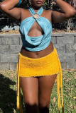 Yellow Sexy Solid Color Fringed Trim Regular Mid Waist Patchwork Bottoms