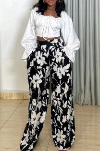 White Casual Print Strap Design Square Neck Long Sleeve Two Pieces