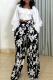 White Casual Print Strap Design Square Neck Long Sleeve Two Pieces