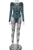 Black Sexy Print O Neck Long Sleeve Two Pieces