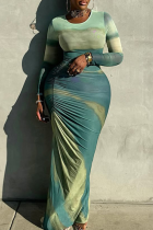 Turquoise Elegant Gradient Ruched O Neck Long Dresses
