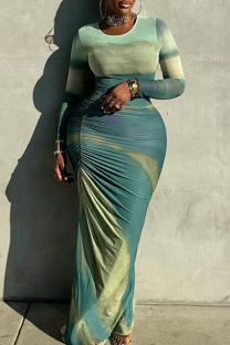 Turquoise Elegant Gradient Ruched O Neck Long Dresses
