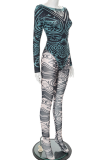 Black Sexy Print O Neck Long Sleeve Two Pieces