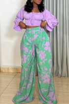 Purple Casual Print Strap Design Square Neck Long Sleeve Two Pieces