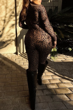 Khaki Sexy Leopard Print Turtleneck Skinny Jumpsuits
