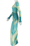 Turquoise Elegant Gradient Ruched O Neck Long Dresses