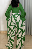 Green Casual Print Strap Design Square Neck Long Sleeve Two Pieces