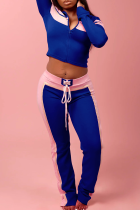 Deep Blue Casual Cross Straps Contrast Spaghetti Strap Long Sleeve Two Pieces