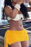 Yellow Sexy Solid Color Fringed Trim Regular Mid Waist Patchwork Bottoms