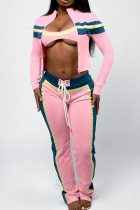 Pink Casual Cross Straps Contrast Spaghetti Strap Long Sleeve Two Pieces