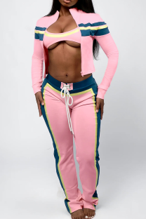 Pink Casual Cross Straps Contrast Spaghetti Strap Long Sleeve Two Pieces