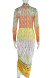 Yellow Elegant Print Ruched O Neck Long Dresses