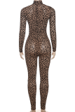 Khaki Sexy Leopard Print Turtleneck Skinny Jumpsuits