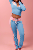 Light Blue Casual Cross Straps Contrast Spaghetti Strap Long Sleeve Two Pieces