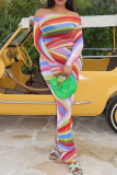 Colour Sexy Colorblock Patchwork Off Shoulder Long Dresses